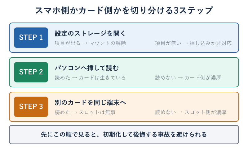 原因を切り分ける3ステップのフロー図