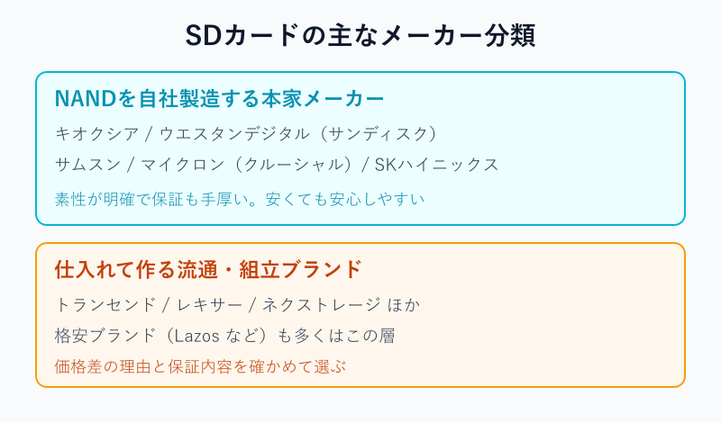 SDカードの主なメーカーを製造元で分類した図