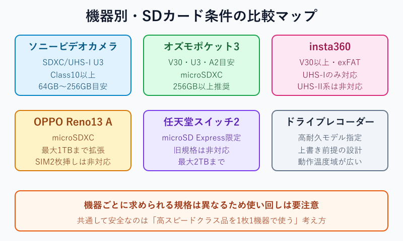 機器別のSDカード条件を比較したマップ図